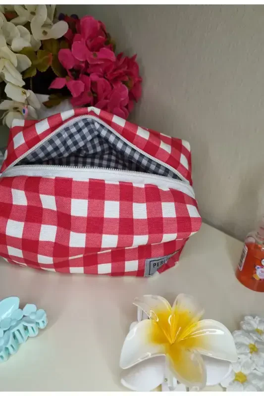 Makeup Bag Plaid Red _Large-redlarge - 2