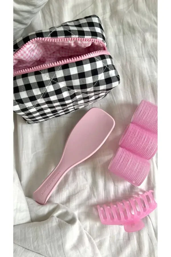 Makeup Bag Quilted Fabric Large Checkered Black _Large Size - 1