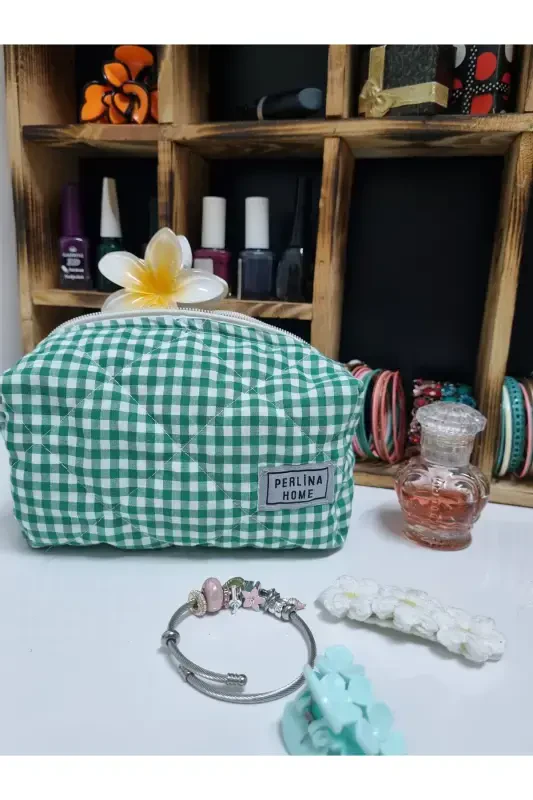 Makeup Bag Quilted Fabric Plaid Green _Large Size-quilted green - PERLINA HOME