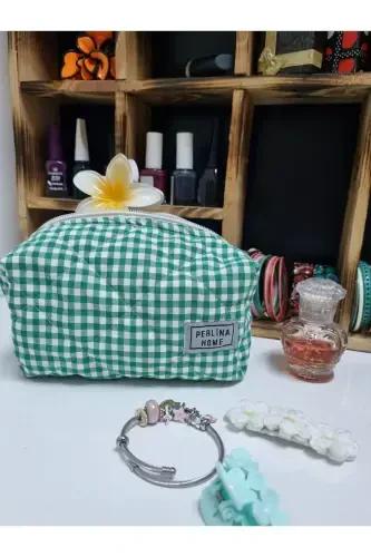 Makeup Bag Quilted Fabric Plaid Green _Large Size-quilted green - PERLINA HOME (1)