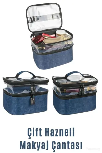 Makeup Bag Travel Cosmetic Bag for Women Double Compartment Clear Compartment Ankaflex Makeup Bag-BLUE - 5