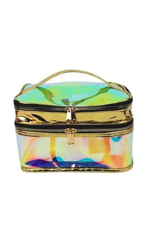 Makeup Bag Travel Toiletry Bag Gold Color Transparent Compartment- 2 Compartment FUNCTIONAL ORGANIZER-Yellow - 2
