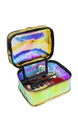 Makeup Bag Travel Toiletry Bag Gold Color Transparent Compartment- 2 Compartment FUNCTIONAL ORGANIZER-Yellow - 3