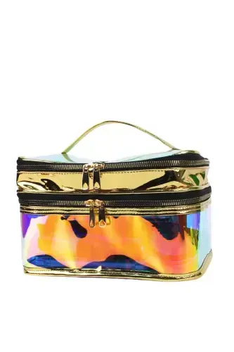 Makeup Bag Travel Toiletry Bag Gold Color Transparent Compartment- 2 Compartment FUNCTIONAL ORGANIZER-Yellow - 4