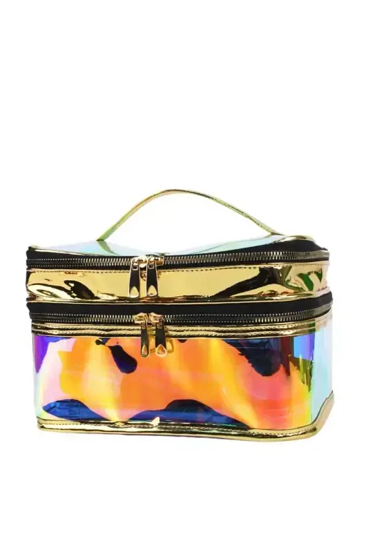 Makeup Bag Travel Toiletry Bag Gold Color Transparent Compartment- 2 Compartment FUNCTIONAL ORGANIZER-Yellow - 4
