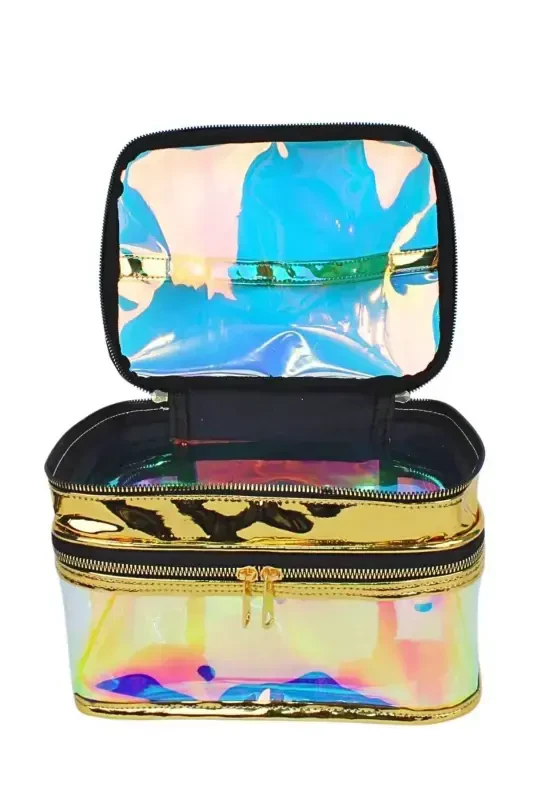 Makeup Bag Travel Toiletry Bag Gold Color Transparent Compartment- 2 Compartment FUNCTIONAL ORGANIZER-Yellow - 5