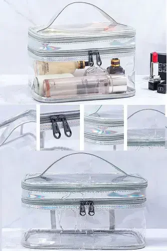 Makeup Bag Travel Toiletry Bag Silver Color Transparent Compartmental- 2 Compartmental FUNCTIONAL ORGANIZER-Silver Color - 3