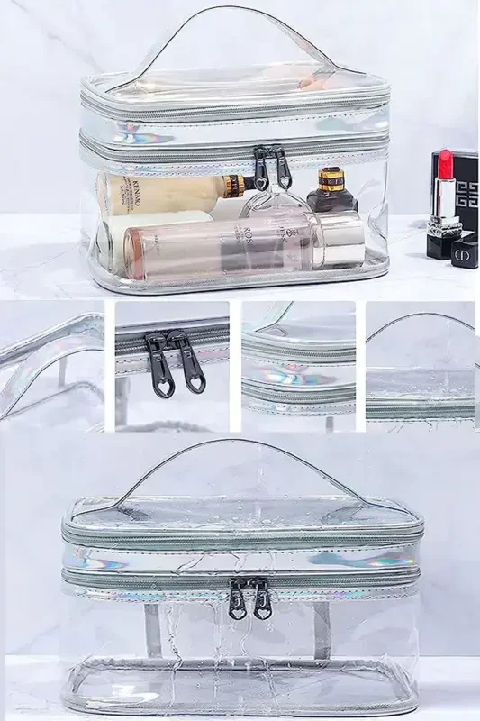 Makeup Bag Travel Toiletry Bag Silver Color Transparent Compartmental- 2 Compartmental FUNCTIONAL ORGANIZER-Silver Color - 3