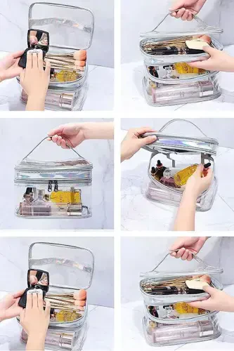 Makeup Bag Travel Toiletry Bag Silver Color Transparent Compartmental- 2 Compartmental FUNCTIONAL ORGANIZER-Silver Color - 5