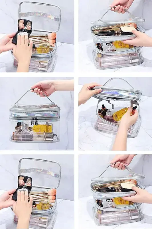 Makeup Bag Travel Toiletry Bag Silver Color Transparent Compartmental- 2 Compartmental FUNCTIONAL ORGANIZER-Silver Color - 5