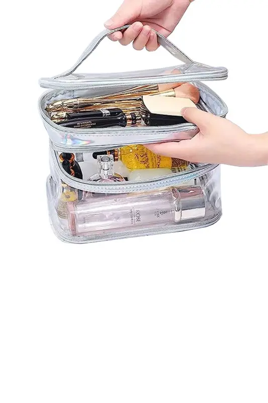 Makeup Bag Travel Toiletry Bag Silver Color Transparent Compartmental- 2 Compartmental FUNCTIONAL ORGANIZER-Silver Color - 3