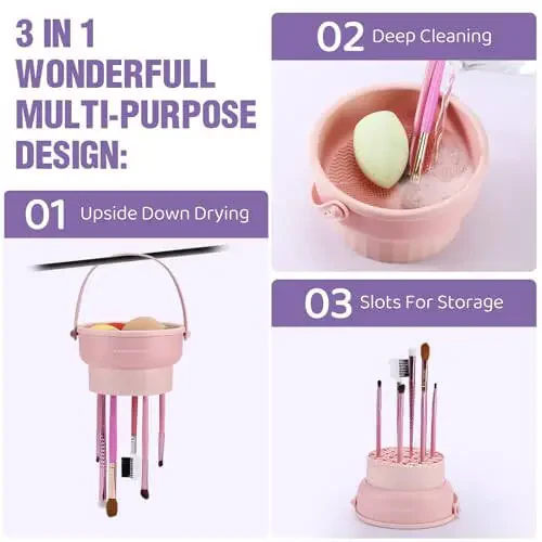 Makeup Brush Cleaner Mat 3 in 1 Silicone Makeup Brush Cleaner Bowl Cosmetic Brushes Cleaning Tool Organizer for Storage and Air Drying (Pink) - 2