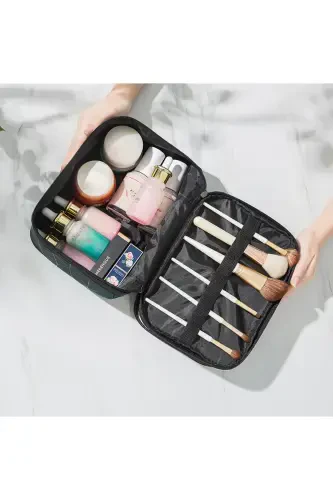 Makeup Material Bag Compartmental Travel Organizer Cosmetic Product Storage and Carrying Bag-BLUE - 3