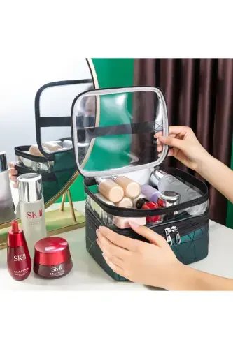 Makeup Material Bag Compartmental Travel Organizer Cosmetic Product Storage and Carrying Bag-GREEN - DEKOHOP (1)