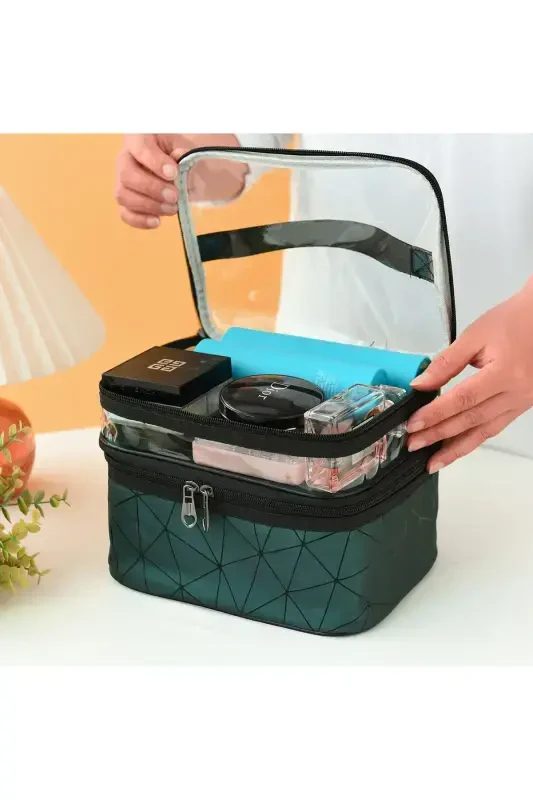 Makeup Material Bag Compartmental Travel Organizer Cosmetic Product Storage and Carrying Bag-GREEN - 3