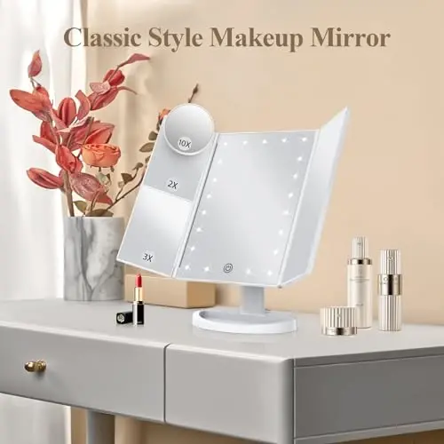 Makeup Mirror Vanity Mirror with Lights, 2X 3X 10X Magnification, Lighted Makeup Mirror, Touch Control, Trifold Makeup Mirror, Dual Power Supply, Portable LED Makeup Mirror, Women Gift (White) - HUONUL