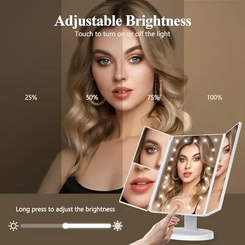 Makeup Mirror Vanity Mirror with Lights, 2X 3X 10X Magnification, Lighted Makeup Mirror, Touch Control, Trifold Makeup Mirror, Dual Power Supply, Portable LED Makeup Mirror, Women Gift (White) - HUONUL (1)
