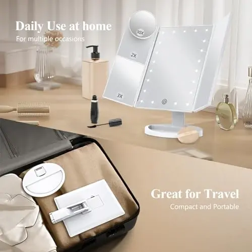 Makeup Mirror Vanity Mirror with Lights, 2X 3X 10X Magnification, Lighted Makeup Mirror, Touch Control, Trifold Makeup Mirror, Dual Power Supply, Portable LED Makeup Mirror, Women Gift (White) - 4