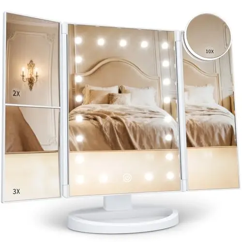 Makeup Mirror Vanity Mirror with Lights, 2X 3X 10X Magnification, Lighted Makeup Mirror, Touch Control, Trifold Makeup Mirror, Dual Power Supply, Portable LED Makeup Mirror, Women Gift (White) 
