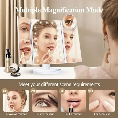 Makeup Mirror Vanity Mirror with Lights, 2X 3X 10X Magnification, Lighted Makeup Mirror, Touch Control, Trifold Makeup Mirror, Dual Power Supply, Portable LED Makeup Mirror, Women Gift (White) - 3