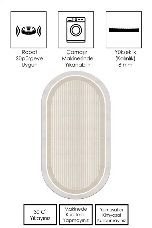 Makinede Yıkanabilir Kaymaz Taban Leke Tutmaz Bej Oval Mutfak Halısı Salon Halısı ve Yolluk - 2