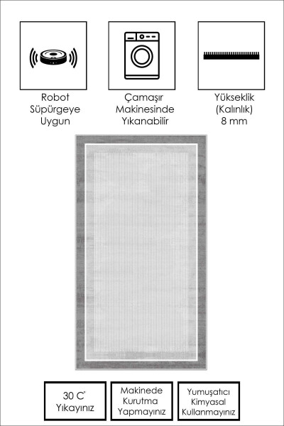 Makinede Yıkanabilir Kaymaz Taban Leke Tutmaz Gri Çizgili Salon Halısı Mutfak Halısı ve Yolluk - 6