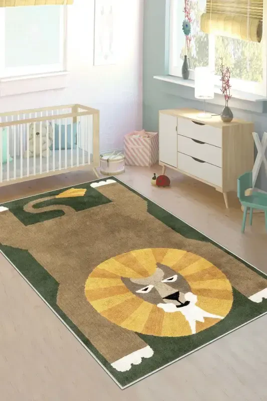 Makinede Yıkanabilir Kaymaz Taban Leke Tutmaz Hayvan Figürlü Bebek Ve Çocuk Halısı-yeşil - WEST HOME