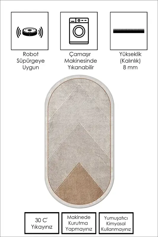 Makinede Yıkanabilir Kaymaz Taban Leke Tutmaz Oval Salon Halısı Mutfak Halısı ve Yolluk-kahverengi - 3