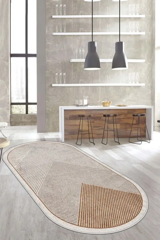 Makinede Yıkanabilir Kaymaz Taban Leke Tutmaz Oval Salon Halısı Mutfak Halısı ve Yolluk - kahverengi-oval - 1