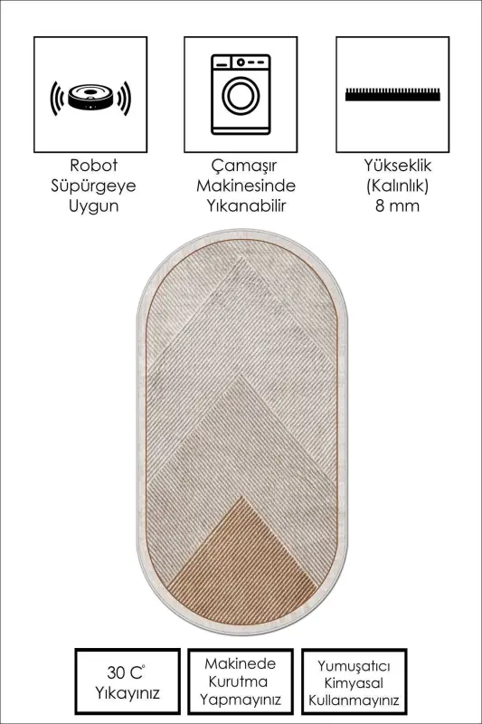 Makinede Yıkanabilir Kaymaz Taban Leke Tutmaz Oval Salon Halısı Mutfak Halısı ve Yolluk - kahverengi-oval - 3