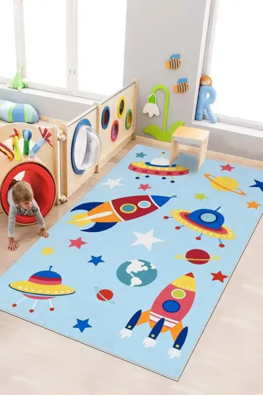 Makinede Yıkanabilir Kaymaz Taban Leke Tutmaz Uzay Temalı Bebek ve Çocuk Halısı Oyun Matı-mavi - CONFIDENCE HOME