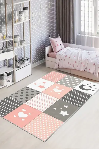 Makinede Yıkanabilir Kaymaz Taban Leke Tutmaz Yıldız Desenli Bebek Ve Çocuk Halısı Oyun Matı - pembe 