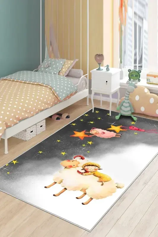 Makinede Yıkanabilir Kaymaz Taban Leke Tutmaz Yıldız Desenli Bebek Ve Çocuk Halısı Oyun Matı-siyah - WEST HOME