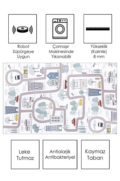 Makinede Yıkanabilir Kaymaz Taban Leke Tutmaz Yol Desenli Halı Bebek Ve Çocuk Halısı Oyun Matı - 2