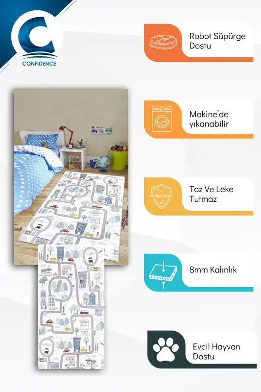 Makinede Yıkanabilir Kaymaz Taban Leke Tutmaz Yol Desenli Halı Bebek Ve Çocuk Halısı Oyun Matı-beyaz - 2