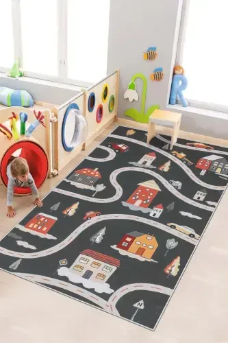 Makinede Yıkanabilir Kaymaz Taban Leke Tutmaz Yol Desenli Halı Bebek Ve Çocuk Halısı Oyun Matı-siyah - WEST HOME (1)