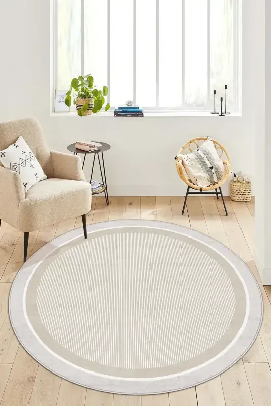 Makinede Yıkanabilir Kaymaz Taban Leke Tutmaz Yuvarlak Bej Mutfak Halısı Salon Halısı ve Yolluk-bej - 1