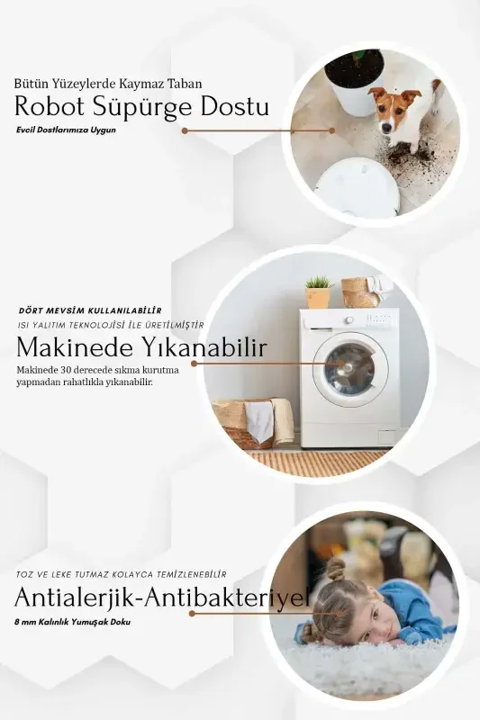 Makinede Yıkanabilir Kaymaz Taban Leke Tutmaz Yuvarlak Bej Mutfak Halısı Salon Halısı ve Yolluk-bej - 3