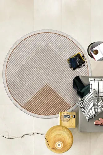 Makinede Yıkanabilir Kaymaz Taban Leke Tutmaz Yuvarlak Salon Halısı ve Mutfak Halısı - kahverengi-yuvarlak - 2