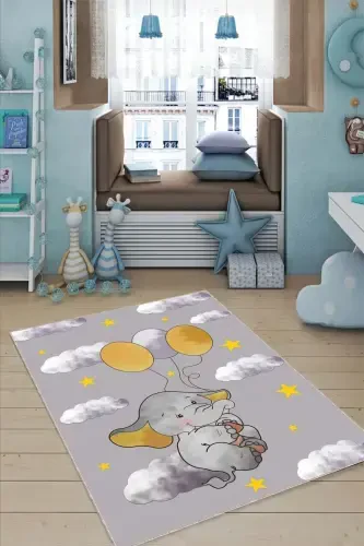 Makinede Yıkanır Kaymaz Tabanlı Filli Bebek Halısı Ar1019-Gri - 3
