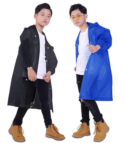 Makonus Kids Rain Jacket, 2 Pack Rain Ponchos for Kids with Hood and Sleeves Reusable Raincoats for Boys and Girls - 1