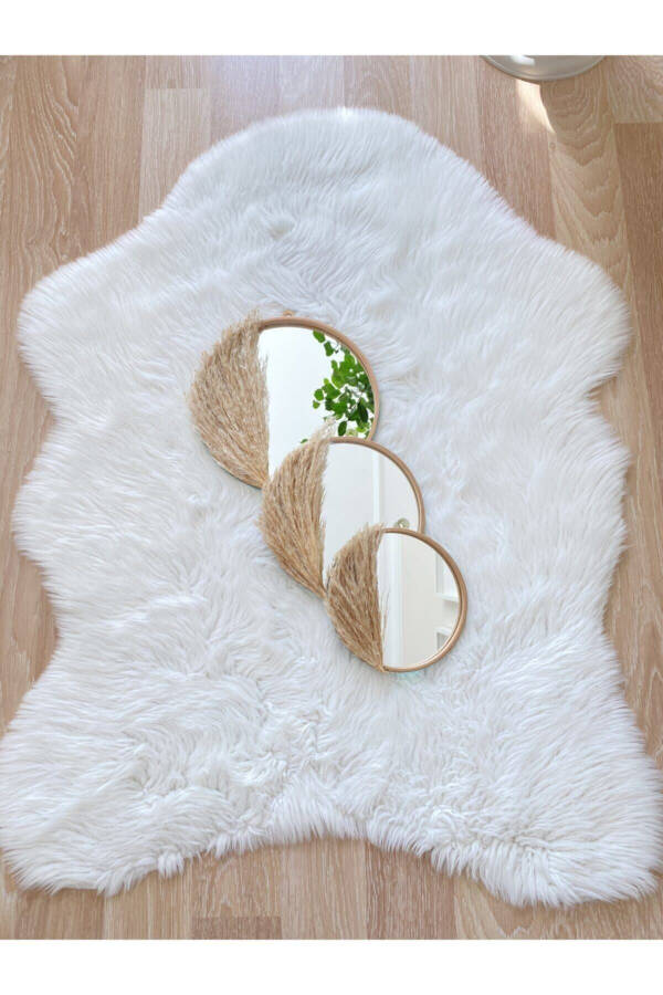 Makrome Duvar Dekor Halka Tüylü Aynalı Duvar Süsü 3' Lü Set %100 El Yapımı - 6