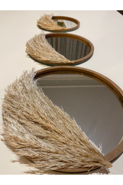 Makrome Duvar Dekor Halka Tüylü Aynalı Duvar Süsü 3' Lü Set %100 El Yapımı - 7