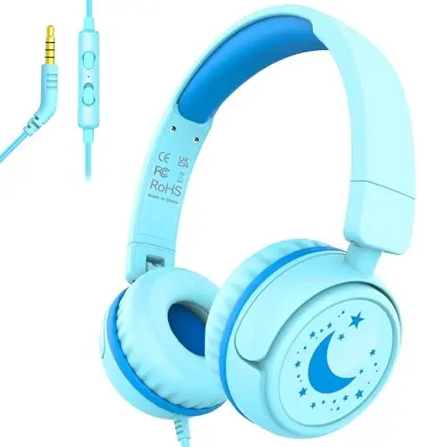 Maktab uchun simli IMYB bolalar naushniklari, bolalar uchun 85/94 dB ovoz balandligi cheklovli naushniklar, Shareportli portativ simli naushnik, maktab/planshet/iPad/Kindle uchun stereo ovozli buklanadigan гарнитура (ko'k rang) - 1