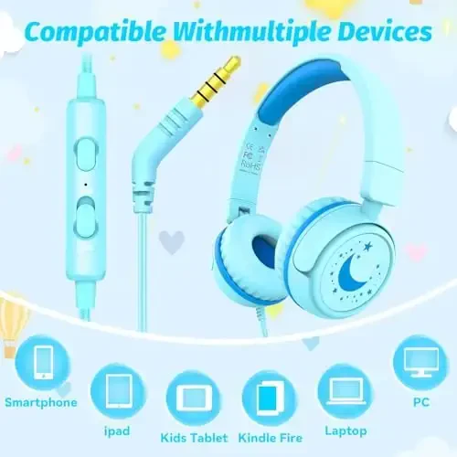 Maktab uchun simli IMYB bolalar naushniklari, bolalar uchun 85/94 dB ovoz balandligi cheklovli naushniklar, Shareportli portativ simli naushnik, maktab/planshet/iPad/Kindle uchun stereo ovozli buklanadigan гарнитура (ko'k rang) - 5