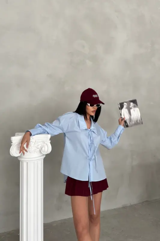 MAKTAB YOQA POPLİN KO'YLAK IP BIRIKTIRISH DETAIL - Bebe Moviy - 2