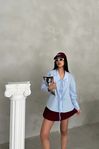 MAKTAB YOQA POPLİN KO'YLAK IP BIRIKTIRISH DETAIL - Bebe Moviy - 4