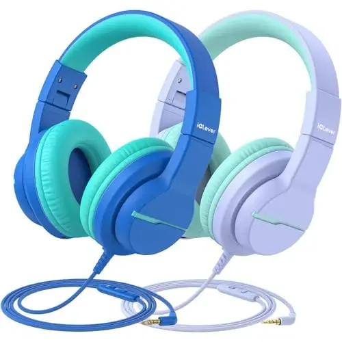 Maktab/Sayohat uchun iClever bolalar naushniklari, xavfsiz ovoz 74/85dBA, mikrofonli HS19 stereo ovozli bolalar naushniklari, FunShare, iPad/kompyuter uchun katlanadigan 3,5 mm simli, 2 dona - 1