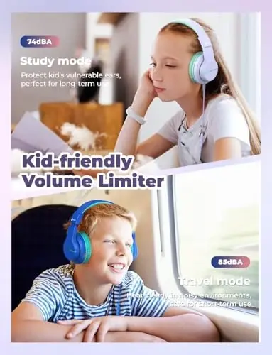 Maktab/Sayohat uchun iClever bolalar naushniklari, xavfsiz ovoz 74/85dBA, mikrofonli HS19 stereo ovozli bolalar naushniklari, FunShare, iPad/kompyuter uchun katlanadigan 3,5 mm simli, 2 dona - 3
