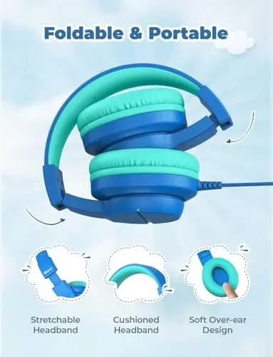 Maktab/Sayohat uchun iClever bolalar naushniklari, xavfsiz ovoz 74/85dBA, mikrofonli HS19 stereo ovozli bolalar naushniklari, FunShare, iPad/kompyuter uchun katlanadigan 3,5 mm simli, 2 dona - 5
